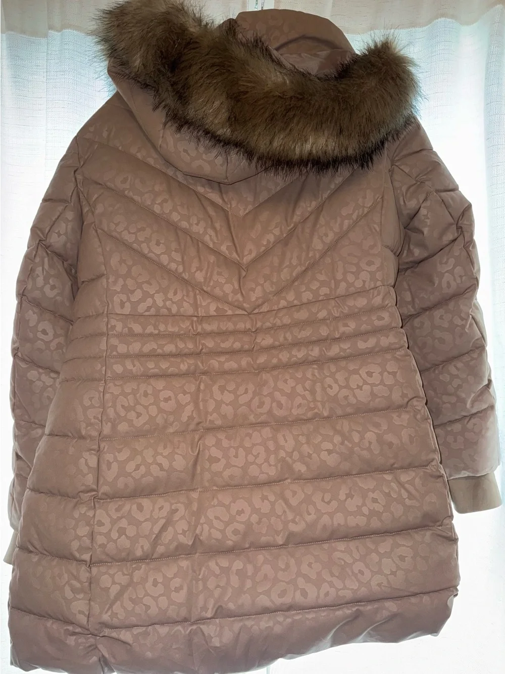 Michael Kors Light Taupe Leopard-Print Puffer Coat with Faux Fur Trim